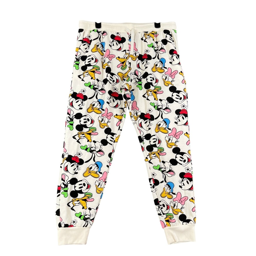Disney Mickey Friends Joggers Juniors XL Cream Character Print Fleece Lounge